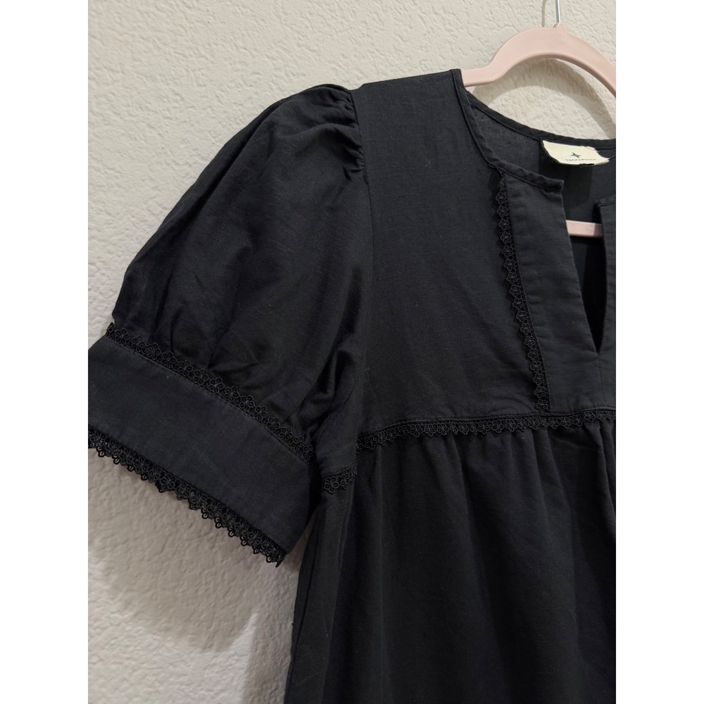 Tuckernuck Linen Babydoll Mini Dress Black XS Puff Sleeve V-neck Relaxed Casual - Picture 4 of 7
